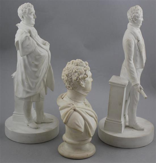 Two Minton biscuit bone china portrait figures and a similar bust, c.1832-40, 18.8cm